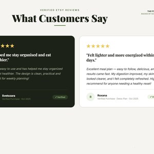 May include: A graphic display titled What Customers Say featuring two customer review cards. The left card is dark green with five gold stars and text from Svetozara. The right card is white with five gold stars and text from Roxana.