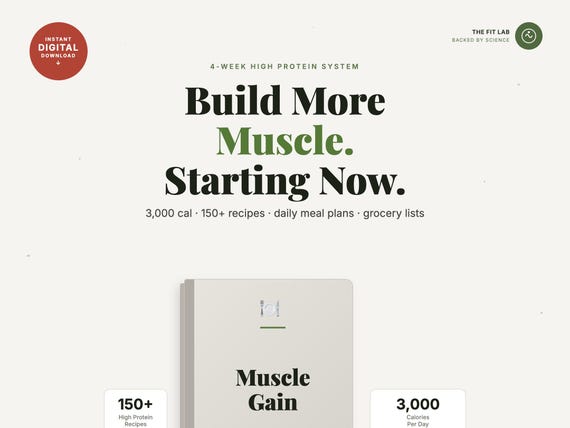 Muscle Gain Meal Plan | 4 Week High Protein Recipes, Bulking Diet Printable PDF, Grocery Lists + Bonus Planner Bundle Digital Download