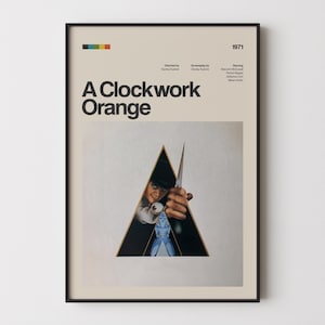 May include: Framed poster for the film "A Clockwork Orange" in a black frame. The poster displays the film's title in large black letters, the year 1971, and an image of a character holding a knife. The background is a light beige colour.