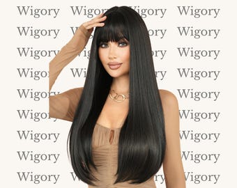 Straight Sleek Layered Wig with Bangs 24 Inch Natural Synthetic Hair Heat Amazon.com : GORGIUS Layered Wigs with Bangs Ready to Go  main image 4