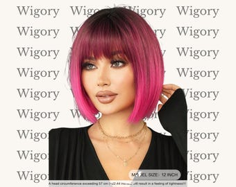Peluca Bob de 30cm Ombre Rosa Rojo con Flequillo - Fibra Sintética Resistente al Calor