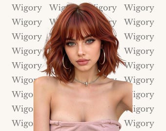 Peluca Bob Cobriza Roja con Flequillo para Mujer, Cabello Corto Ondulado, Peluca Realista