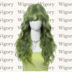 May include: A green wig with long, wavy hair and bangs is displayed on a mannequin head. The wig is a vibrant shade of green. The mannequin is wearing a yellow top and a silver necklace. The background has the word "Wigory" repeated.