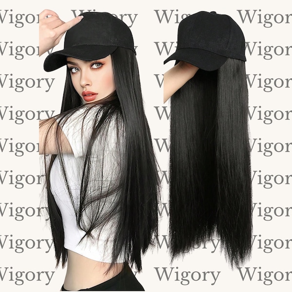 24 Inch Straight Cap Wig – Black Synthetic Long Hair with Adjustable Baseball Hat
