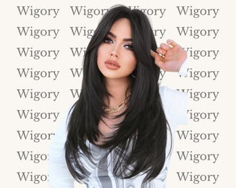 24 Inch Long Straight Wig With Bangs Dark Brown Natural Daily Wear Party 24 Inch Long Black Layered Wig With Curtain Bangs Heat  main image 4
