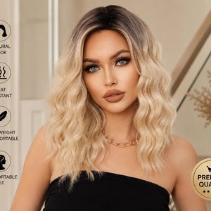 May include: A shoulder-length wavy wig featuring a dark root transition into a bright blonde shade. The image includes text icons for natural look, heat resistant, lightweight, comfortable, and a premium quality badge with five stars.