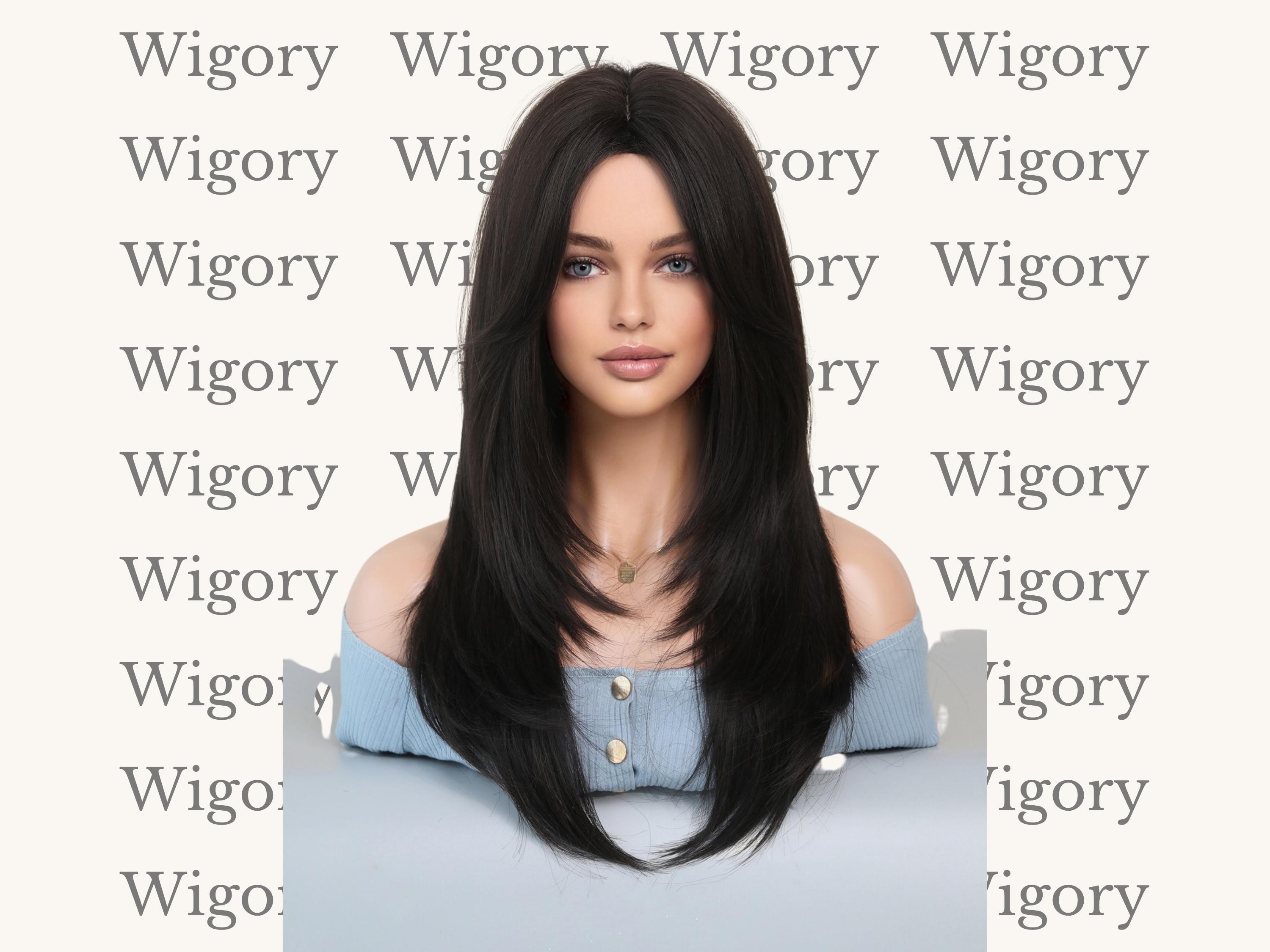 24 Inch Layered Straight Wig With Curtain Bangs - Dark Brown  display picture 2