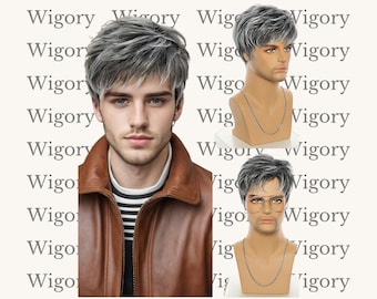 Short Silver Gray Men’s Wig – 6 Inch Straight Synthetic Hair for Cosplay, Fashion