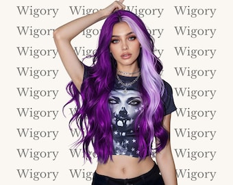 Purple & Light Purple Long Curly Synthetic Wig – Wavy Cosplay Wig for Women Halloween Party 26 Inch