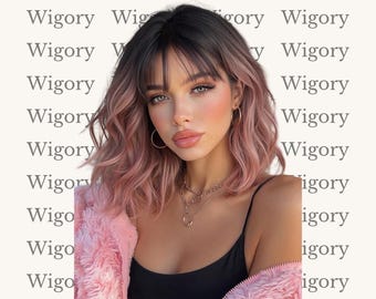 Perruque Bob Rose Ombre avec Frange Ondulée Chic