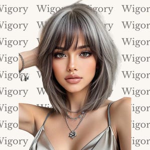 May include: A shoulder-length wig with layered silver-gray hair, featuring straight bangs and a soft, voluminous texture. The hair is styled in a modern bob cut with subtle highlights, paired with a silver chain necklace and a thin bracelet.