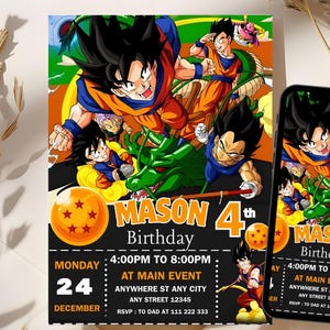 Uitnodiging voor verjaardagsfeestje Dragon Ball Z | Bewerkbare anime-themasjabloon | Digitale uitnodiging afdrukbare Dragon Ball-verjaardag | Direct downloaden