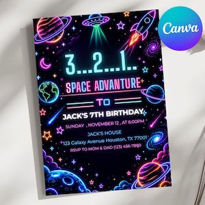 Neon-Weltraum-Geburtstagseinladung, Galaxie-Partyeinladung, Astronauten-Weltraum-Geburtstagseinladung, Weltraumraketen-Planeten, bearbeitbare Canva-Vorlage