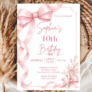 Geburtstagseinladung mit rosa Schleife, verspielte Einladung zur Geburtstagsparty, elegante Geburtstagsvorlage, digitale Geburtstagseinladung für Mädchen, bearbeitbare Canva-Vorlage