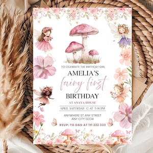 Fee erste Geburtstagseinladung | Skurril rosa Schmetterling verzauberte Garten-Thema | Bearbeitbare 1st Birthday Party Einladung Vorlage