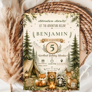 Einladungsvorlage für eine Babyparty im Wald-Stil | Einladung zum Abenteuer erwartet dich | Canva-Vorlage für eine Babyparty mit Waldtiermotiven | Bearbeitbar