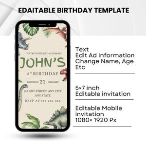 K&ouml;nnte beinhalten: Ein Smartphone zeigt eine Geburtstagseinladungsvorlage mit Dinosaurierillustrationen. Das Design enth&auml;lt den Text "John's 5th Birthday" und bearbeitbare Werbeinformationen. Die Einladung ist 12,7 x 17,8 cm gro&szlig;.