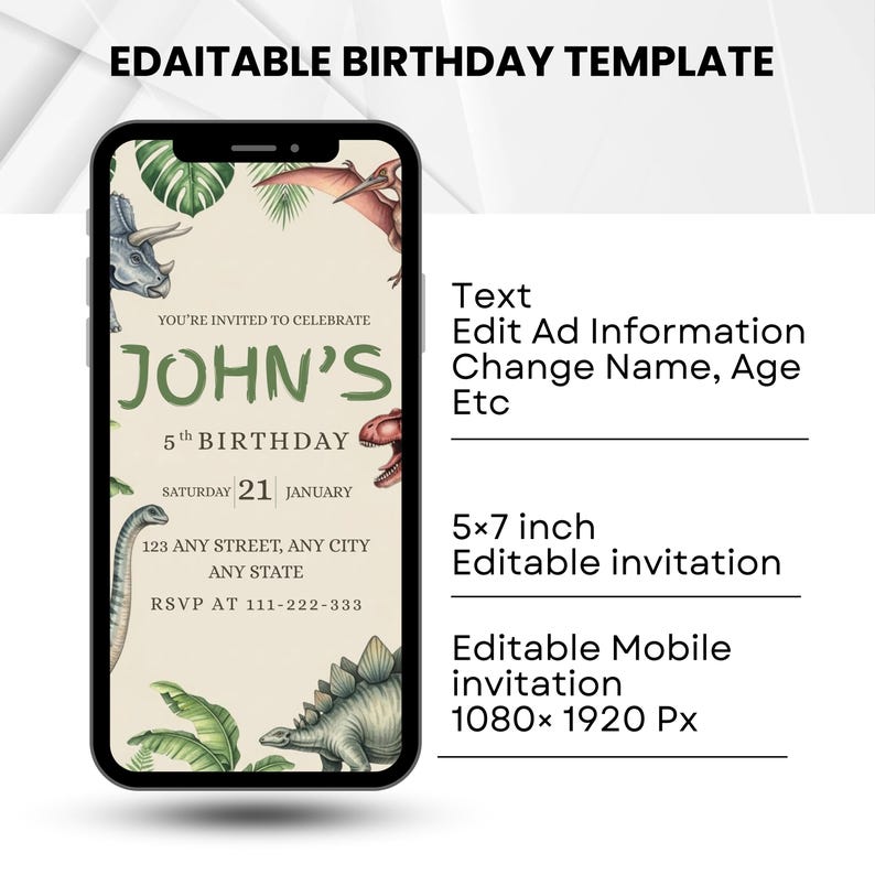K&ouml;nnte beinhalten: Ein Smartphone zeigt eine Geburtstagseinladungsvorlage mit Dinosaurierillustrationen. Das Design enth&auml;lt den Text "John's 5th Birthday" und bearbeitbare Werbeinformationen. Die Einladung ist 12,7 x 17,8 cm gro&szlig;.