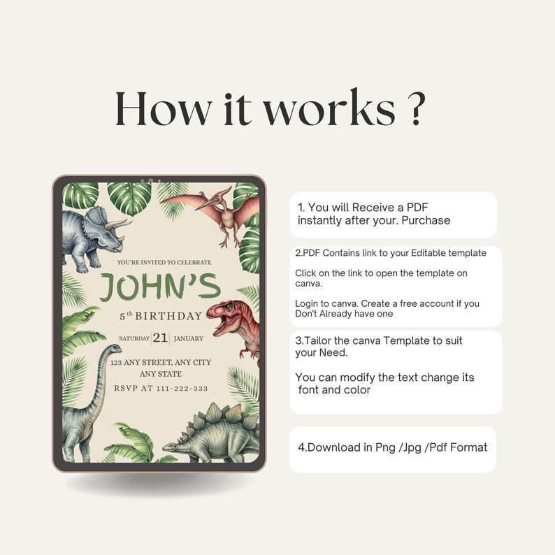 K&ouml;nnte beinhalten: Eine digitale Einladungsvorlage f&uuml;r einen 5. Geburtstag mit Dinosaurier-Motiv. Das Design zeigt Illustrationen von Dinosauriern und tropischen Bl&auml;ttern. Die Einladung enth&auml;lt den Text "JOHN'S 5th BIRTHDAY" und RSVP-Informationen. Anweisungen sind ebenfalls enthalten.