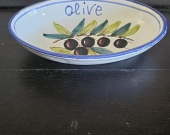 Vintage Italian Olive Dish Hand Painted Ceramic Italy Signed Oval Serving Dish