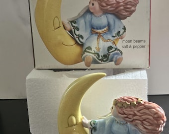 Fitz & Floyd Moon Beams Salt and Pepper Shakers | Angel on Crescent Moon 2003