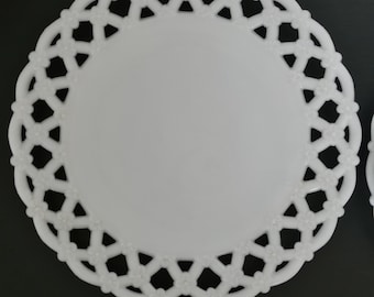 1950s Milk Glass Openwork Lace Edge Dessert Plates | Set of 4 Mid-Century Pressed Glass