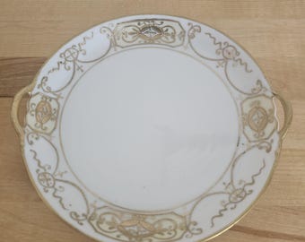 Antique Nippon Handled Porcelain Serving Plate Gold Encrusted Moriage Cake Plate 1900s