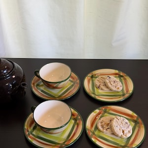 Vintage Vernon Kilns Homespun Tea and Dessert Set for Two | 6 Piece California Pottery | Kam O'Shanter Pattern