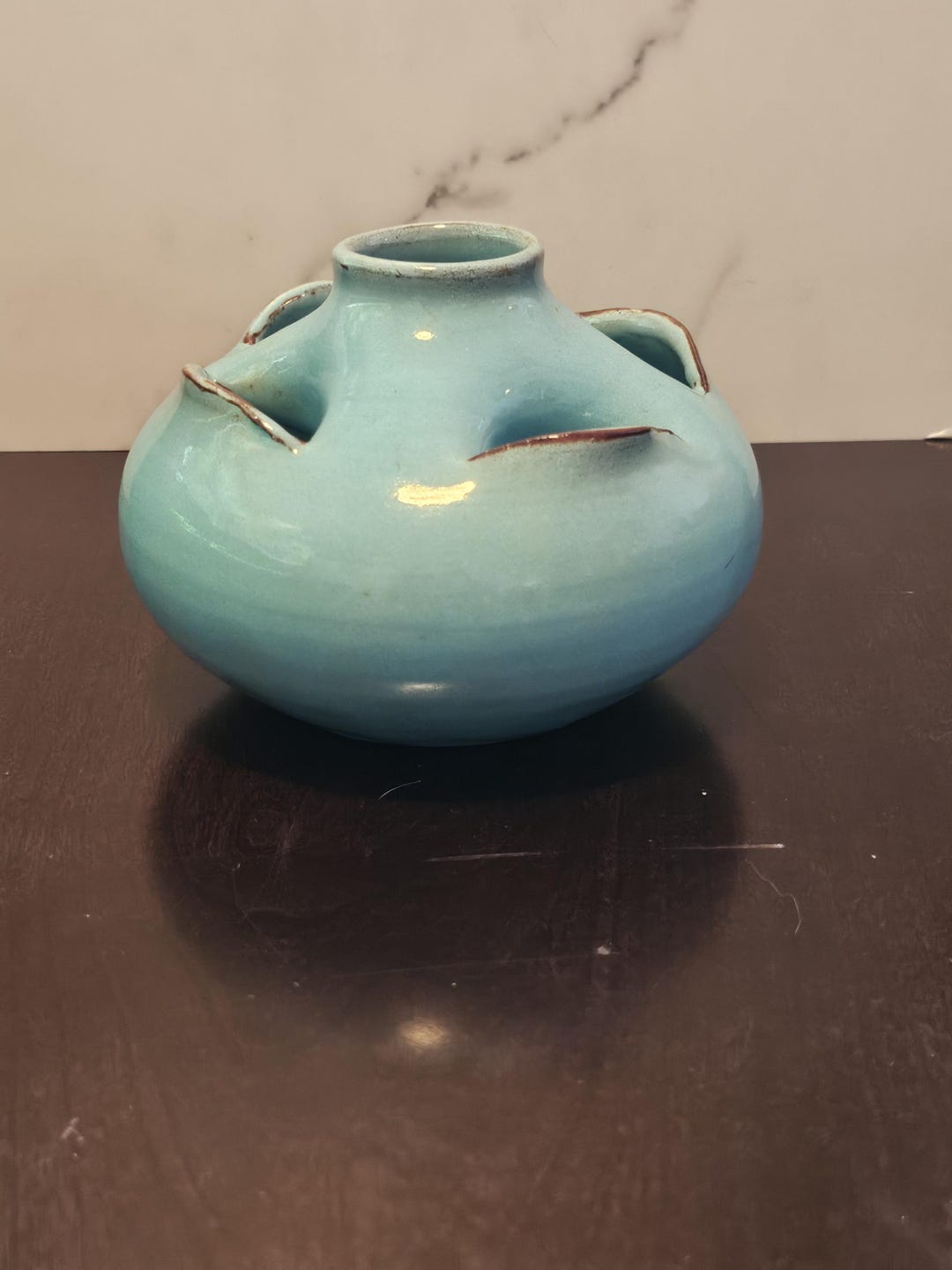 Vintage Studio Pottery Flower Frog Vase – Turquoise Blue Ceramic ...
