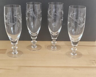 Set of 4 Vintage Etched Floral Juice Glasses Stemmed Brunch Mimosa Glasses 1980s