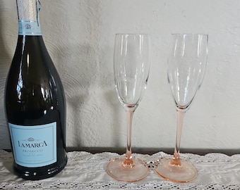 Pair of Blush Pink Stem Champagne Flutes — Clear Bowls with Pale Pink Bases