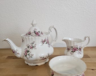 Royal Albert Lavender Rose Teapot, Creamer, Sugar Bowl Set | Bone China England 3 Piece Tea Service