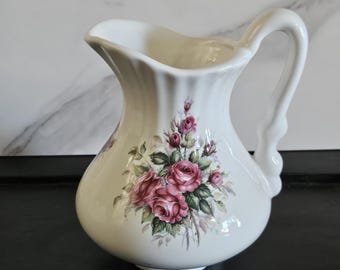 Vintage Athena Pitcher USA Floral Ceramic Pitcher| Pink Roses Cottage Style | 1970s
