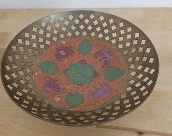 Vintage Pierced Brass Footed Bowl Moorish Style Decorative Centerpiece Bowl 9 Inch