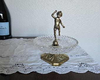 Vintage Cherub Jewelry Dish – Gilt Metal & Pressed Crystal Trinket Bowl | Victorian Revival Vanity Decor