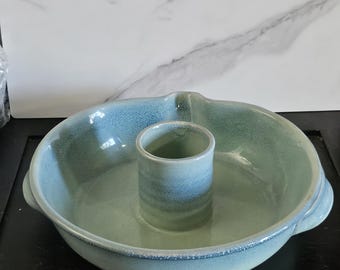 Vintage Handmade Serving Bowl, 1970s Blue Green Drip Glaze