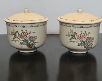 1970s  Ceramic Floral Lidded Cups Hand Painted | Signed CB | Cottage Decor