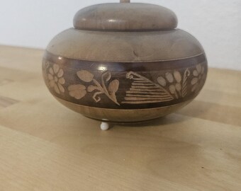 Vintage Hand Carved Wooden Trinket Box with Lid | Floral Folk Art Jewelry Box