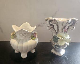 Vintage Italian Ceramic Vases Set of 2 | Hand-Applied Floral | Cottagecore Decor