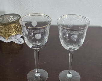Vintage Etched Wine Glass Pair — Floral Scroll Pattern with Faded Gold Rim