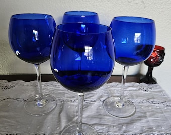 Vintage Cobalt Blue Wine Glasses | Elegant Stemware Set of 4