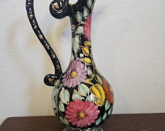 Vintage Hand-Painted Belgian Floral Ewer – Bold Black Glaze & Gold Trim