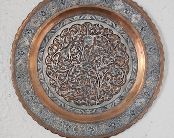 Vintage Embossed Copper & Silver Tone Metal Wall Charger Plaque Floral Scrollwork 12 in