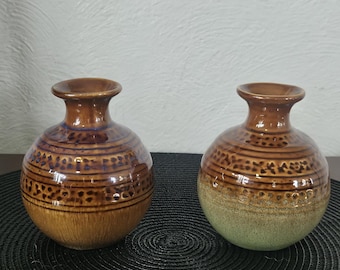 Pair of 1970s Textured Glaze Ceramic Vases — Brown & Green Drip-Glaze Spherical Forms