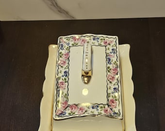 Vintage 1930s  Cheese Dish Hanley England Floral Transferware Covered Cheese Dome with Tray