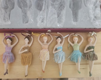 Vintage Set of 6 Hula Dancer Christmas Ornaments Porcelain Bisque Figures Original Presentation Box