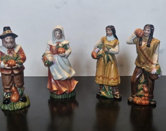 Vintage Thanksgiving Salt Pepper Shakers Set of 4 | Artist Signed Pilgrims & Native American Pairs