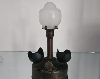 Vintage 1940s–1950s Battery Operated Miniature Oil Lamp | Milk Glass Shade | Novelty Accent Light | Mid-Century Collectible