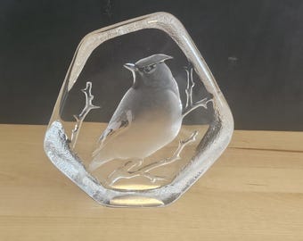 Signed Crystal Cedar Waxwing | Swedish Art Glass Bird Sculpture | Vintage 1970s