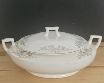1940s Homer Laughlin Covered Vegetable Bowl | White Floral Serving Dish with Lid | WWII-era American Dinnerware